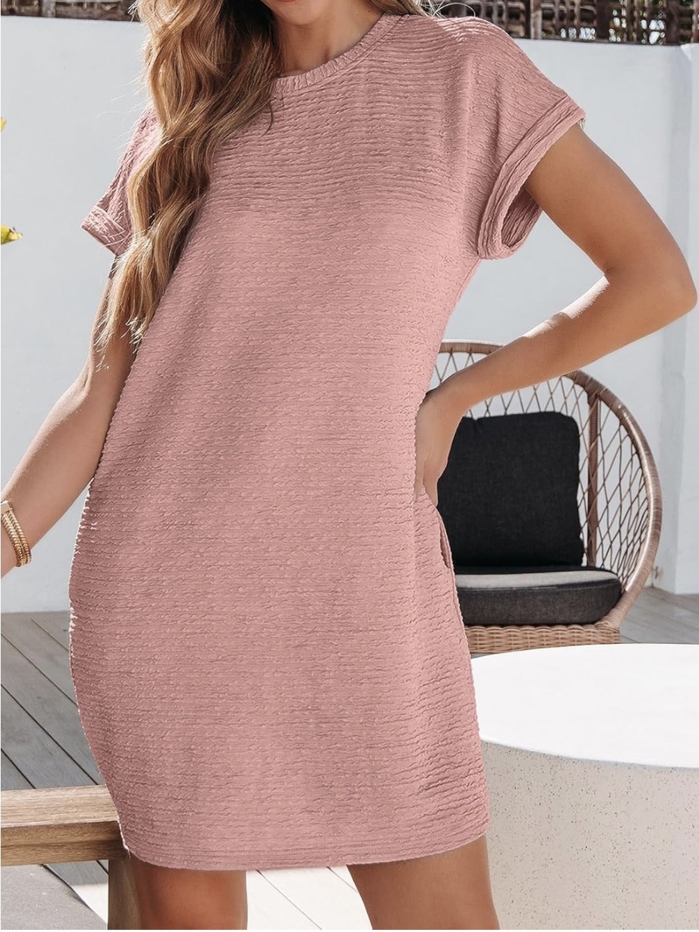 Evaless Pink Textured Short Sleeve Crewneck Spring Mini T-Shirt Pocket Dress S